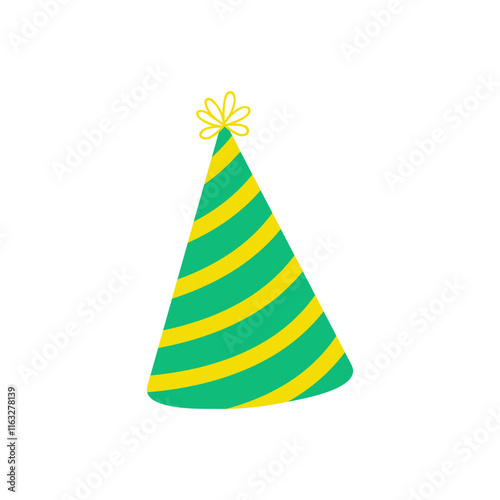 Colorful party hat with green and yellow stripes for celebrations and gatherings