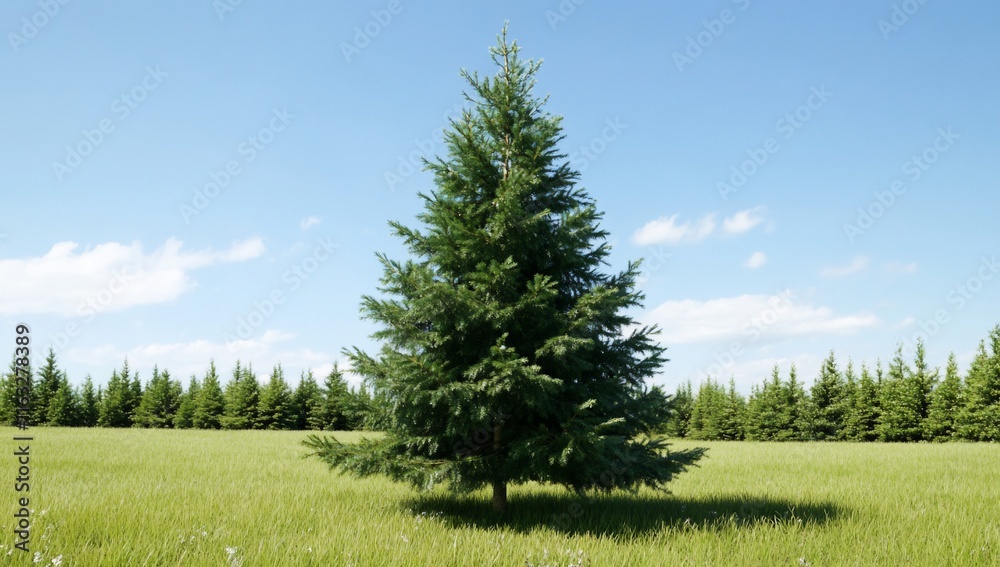 A solitary evergreen tree in a grassy field under a clear blue sky. A solitary evergreen tree in a grassy field under a clear blue sky.