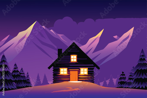 Create a cozy, detailed vector illustration of a rustic log cabin nestled in a snow-capped mountain range, emphasizing winter ambiance.