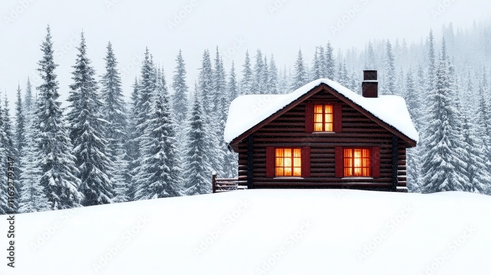 A cozy wooden cabin surrounded by snow-covered trees, creating a serene winter landscape. The warm glow from the windows contrasts with the cold, inviting a sense of comfort and tranquility. A cozy wooden cabin surrounded by snow-covered trees, creating a serene winter landscape. The warm glow from the windows contrasts with the cold, inviting a sense of comfort and tranquility.