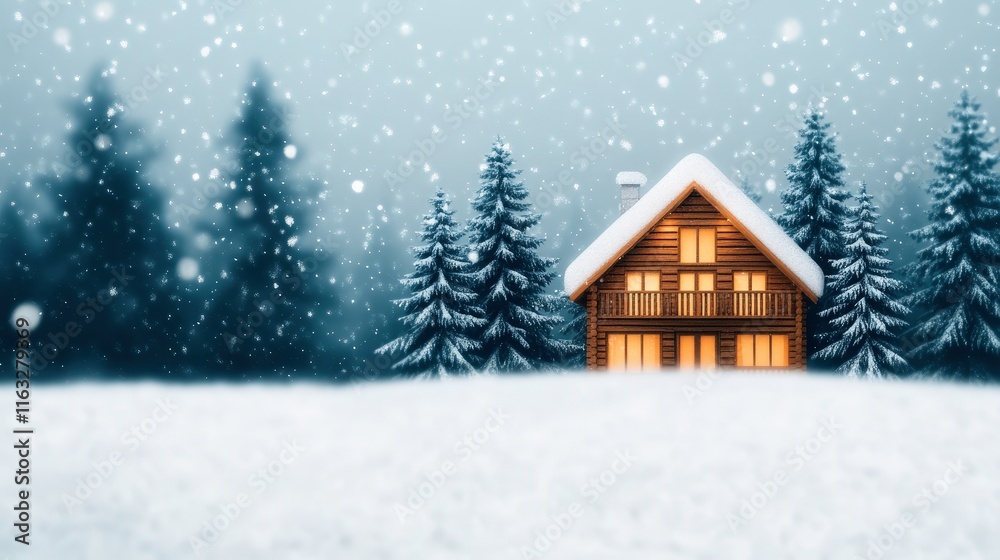 Naklejka premium A cozy wooden house stands amidst a snowy landscape, surrounded by tall evergreen trees, evoking a peaceful winter scene. The soft glow from the windows adds warmth to the chilly atmosphere.