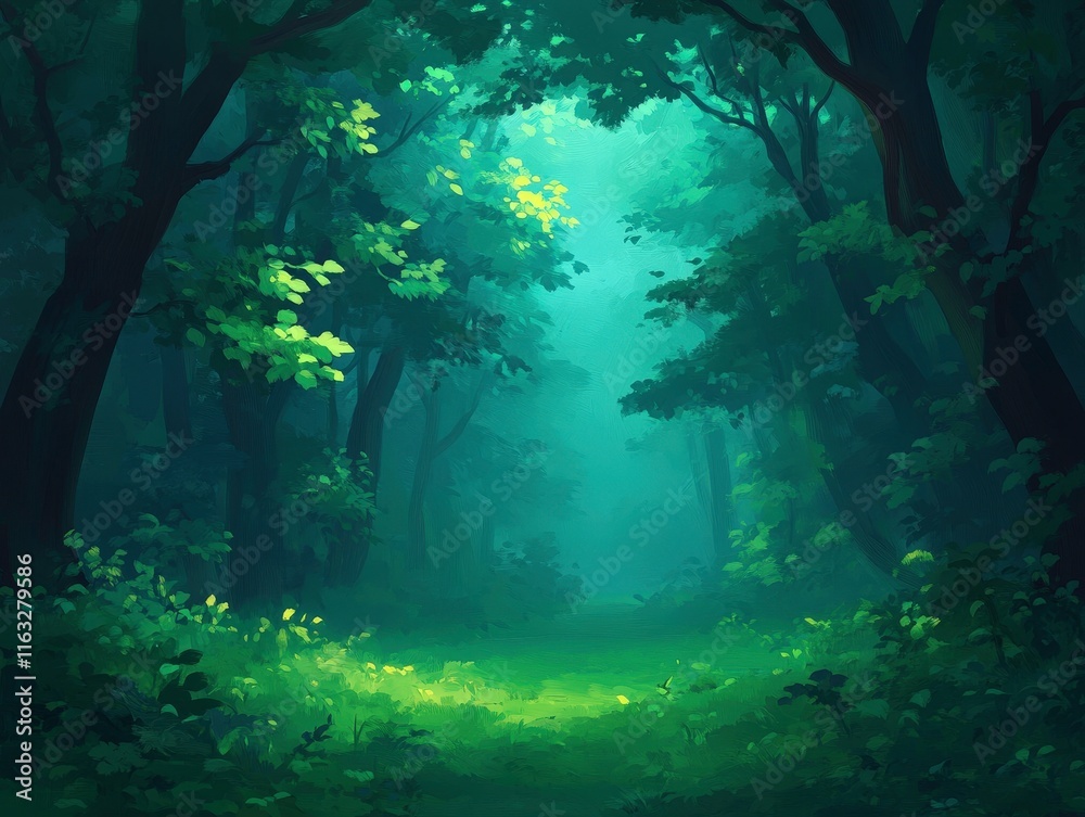 Fototapeta premium A serene forest scene, illuminated by soft light filtering through dense trees, creating a tranquil atmosphere perfect for reflection or exploration.