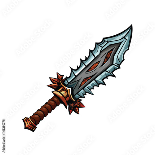Render a brutal, jagged orcish cleaver sword; rough texture, chipped blade,  worn hilt.  Show its raw power. (1) implies blood spatter.