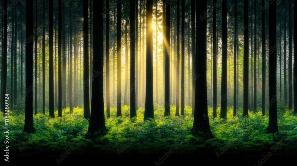 Naklejka premium A serene forest scene with tall trees and soft sunlight filtering through, creating a peaceful and tranquil atmosphere.