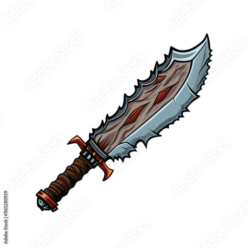 Render a fearsome Orcish cleaver sword; rough, jagged blade, crude hilt, dark metal, worn, battle-scarred. Show detail in texture and damage.