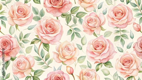 Elegant watercolor painting of blooming pink roses and green leaves, seamless pattern