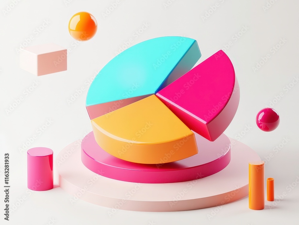 Obraz premium A colorful 3D pie chart with various segments, surrounded by geometric shapes, illustrating data visualization and analysis concepts.