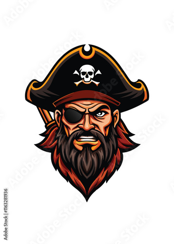 A weathered pirate captain, fierce gaze, wielding a gleaming sabre, rugged features, windswept attire, dramatic lighting.
