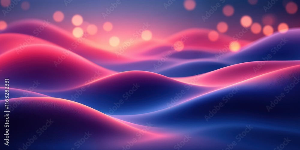 Fototapeta premium Abstract landscape featuring undulating waves in vibrant shades of pink and blue, creating a serene and dreamy atmosphere.