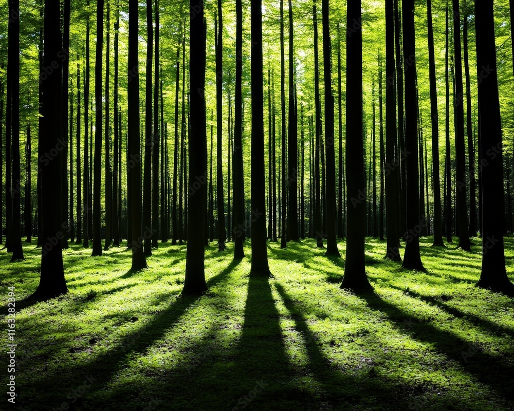 Fototapeta premium A serene forest scene showcasing tall trees with vibrant green leaves, casting long shadows on the ground, creating a tranquil and inviting atmosphere.