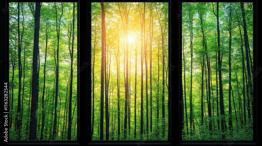 Fototapeta premium A serene view of a lush green forest with sunlight filtering through the trees, creating a peaceful and refreshing atmosphere.