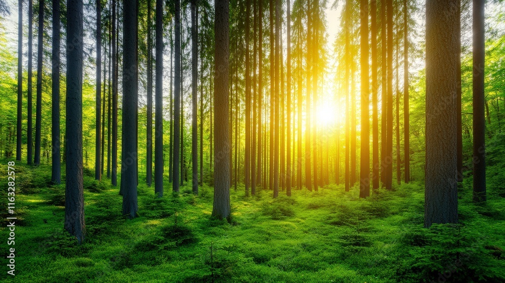 Obraz premium A serene forest scene bathed in soft sunlight, showcasing tall trees and lush greenery, creating a tranquil and inviting atmosphere.