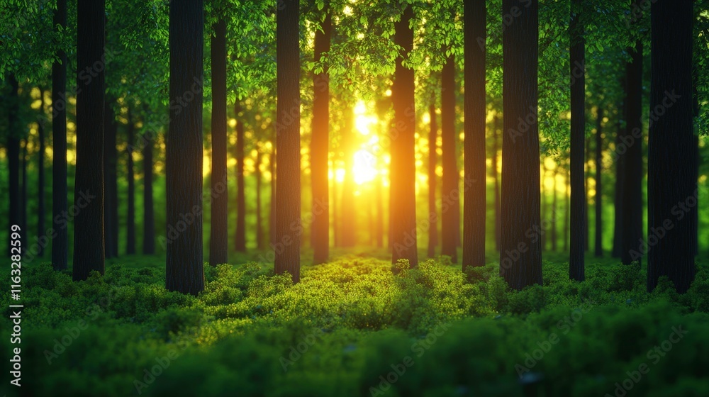 Fototapeta premium A serene forest scene illuminated by sunlight filtering through trees, creating a tranquil and inviting atmosphere.