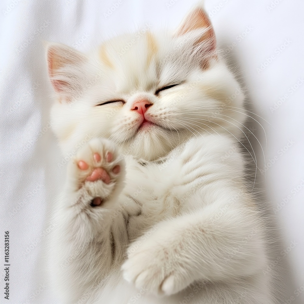 Obraz premium A cute, fluffy white kitten peacefully sleeping on a soft surface, showcasing its adorable features and relaxed demeanor.