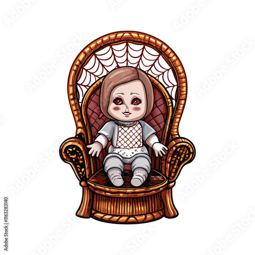 A vintage porcelain doll, its arm broken, sits forlornly in a dilapidated antique chair.  Dust motes dance in a sunbeam.
