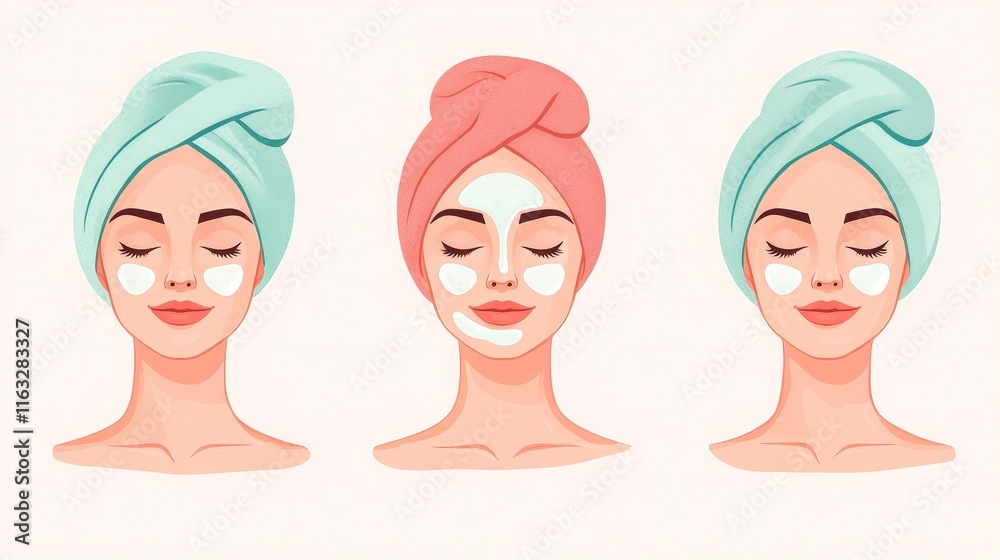 The image depicts three illustrations of a woman with a towel on her head, applying different facial treatments, highlighting skincare routines and self-care practices. The image depicts three illustrations of a woman with a towel on her head, applying different facial treatments, highlighting skincare routines and self-care practices.
