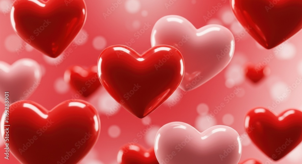 Close-up of glossy red and pink hearts for a romantic aesthetic Close-up of glossy red and pink hearts for a romantic aesthetic