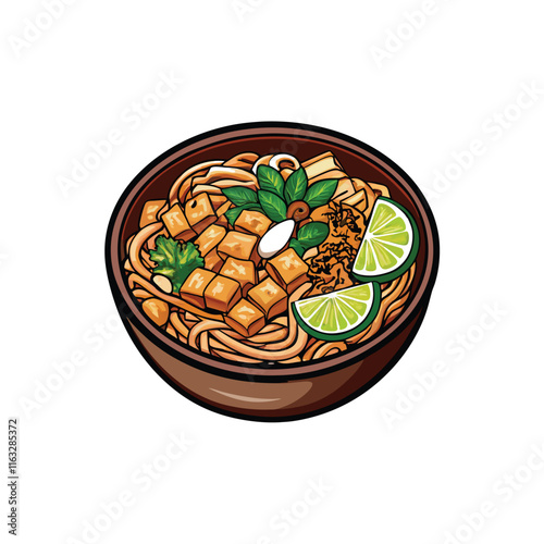 Create a realistic vector illustration of a vibrant bowl of Pad Thai, featuring soft tofu, peanuts, and fresh cilantro.  Show the noodles and sauce clearly.