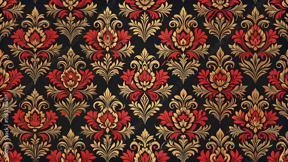 Opulent Red and Gold Damask Floral Pattern Design for Textile and Interior Decor Opulent Red and Gold Damask Floral Pattern Design for Textile and Interior Decor