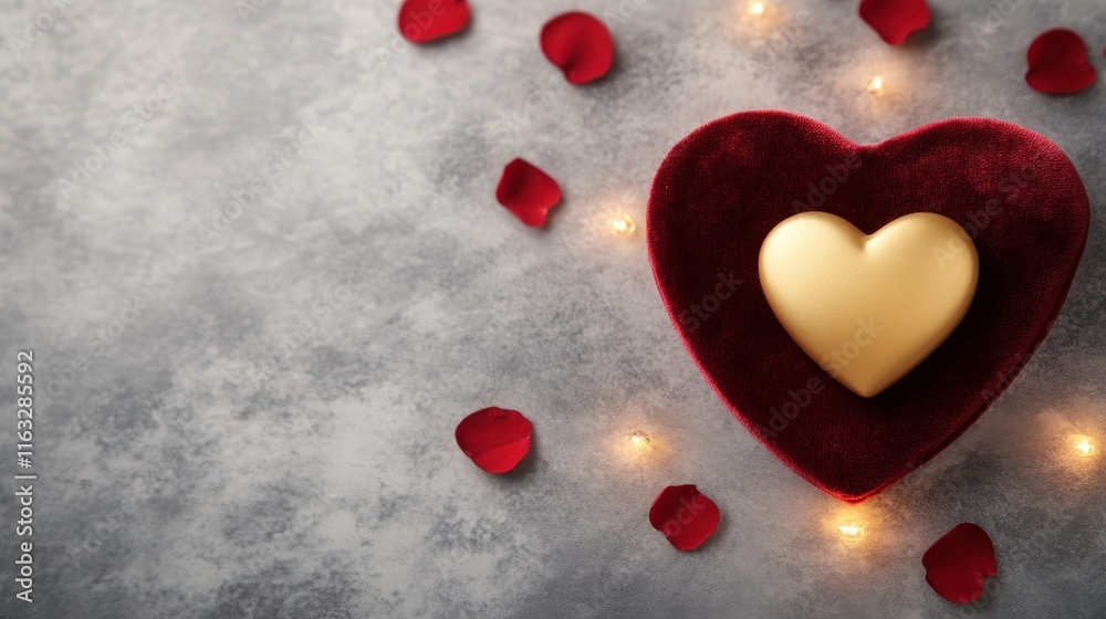 A romantic arrangement featuring a plush heart-shaped box with a golden heart inside, surrounded by rose petals and soft lights, evoking love and affection. A romantic arrangement featuring a plush heart-shaped box with a golden heart inside, surrounded by rose petals and soft lights, evoking love and affection.
