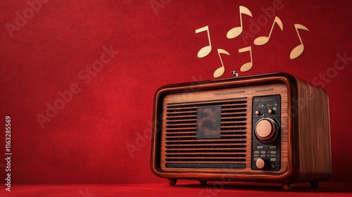 A vintage radio sits against a textured brown background, with musical notes floating above it, symbolizing the joy of music and nostalgia.