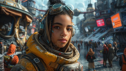 Futuristic Urban Exploration with Young Adventurer in Vibrant Cyberpunk Cityscape Featuring Diverse Crowd and Neon Technologyfuturistic