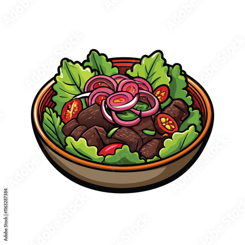 Create a realistic vector illustration of Thai beef salad (Yum Nua), showcasing vibrant colors and textures of the ingredients.  Include lime wedges, chili, herbs. photo