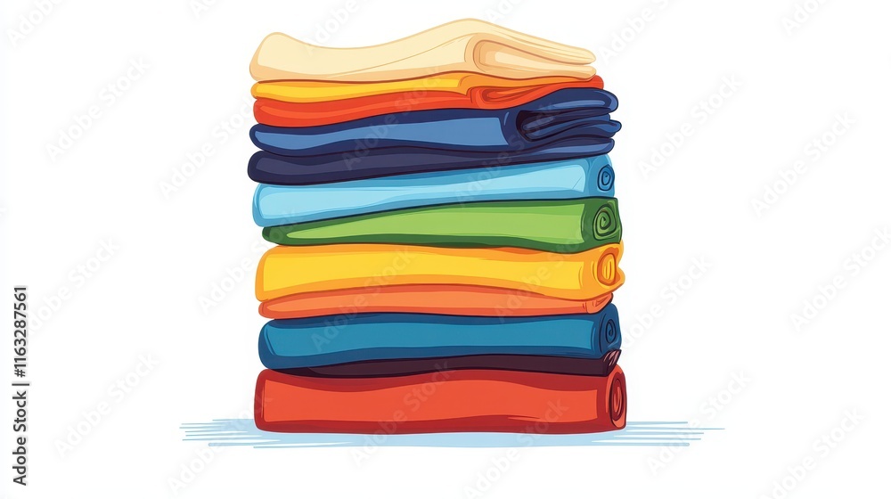 A colorful heap of folded cotton t-shirts and towels isolated on white background A colorful heap of folded cotton t-shirts and towels isolated on white background