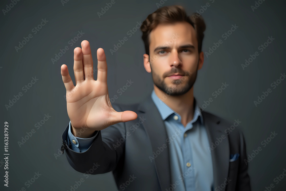 No More Concept,Stop Gesture. Man with raised opening hand making No more gesture No More Concept,Stop Gesture. Man with raised opening hand making No more gesture
