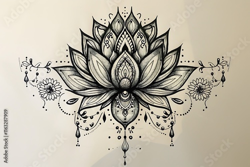 Fototapeta Naklejka Na Ścianę i Meble -  A detailed black ink drawing of an ornate mandala lotus flower with embellishments, delicate floral elements, and hanging droplets. Intricate design.