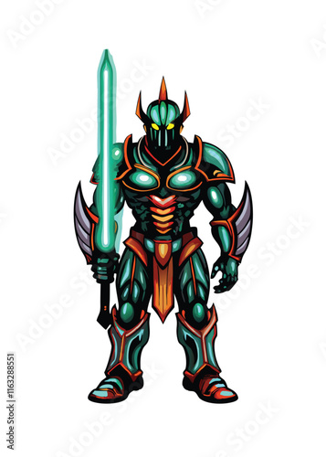 A colossal robot gladiator, imposing and powerful, wielding a glowing energy sword, stands amidst a futuristic arena.  Detailed, cinematic lighting.