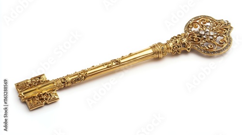 

A gleaming golden, antique skeleton key, isolated on a white background, symbolizes success photo