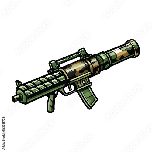 Close-up detailed image of a modern rocket-propelled grenade launcher (RPG), showcasing its intricate design and mechanical components.  High-resolution, realistic depiction.