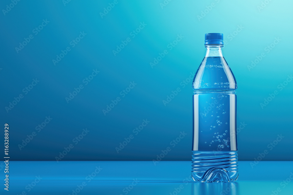 Clear bottle of water with bubbles against a blue background on a bright day Clear bottle of water with bubbles against a blue background on a bright day