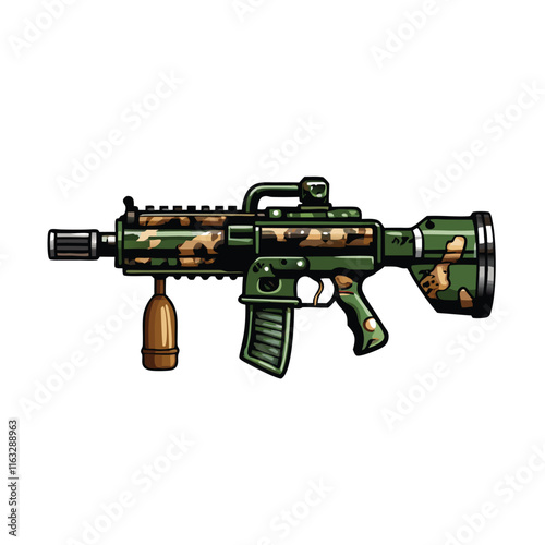 A detailed close-up of a modern rocket-propelled grenade launcher (RPG), showcasing its intricate mechanical details and weapon components.