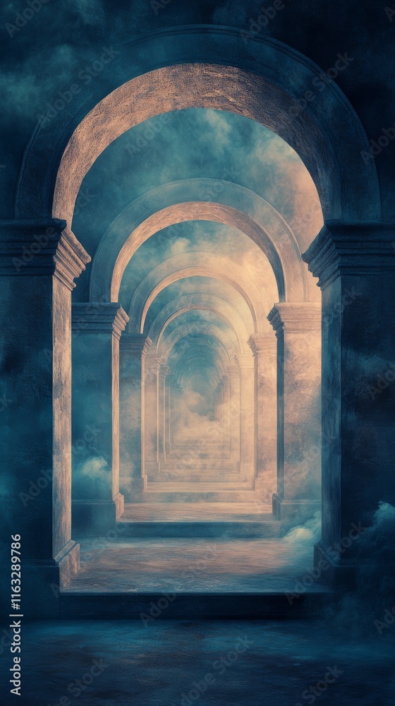 Fototapeta premium Mystical arched hallway leading to light through clouds.