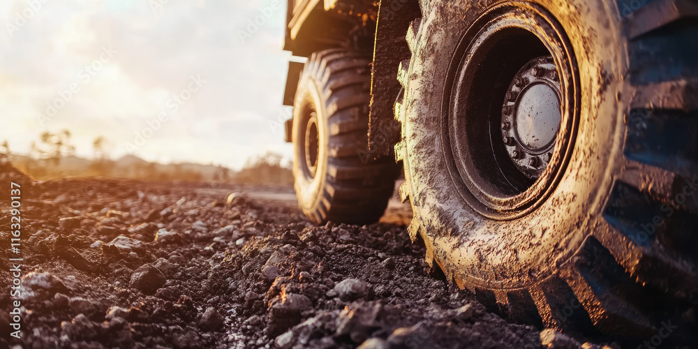 Close up of a mining truck tire on a gravel road, dirty and rugged with dirt, generative AI Close up of a mining truck tire on a gravel road, dirty and rugged with dirt, generative AI