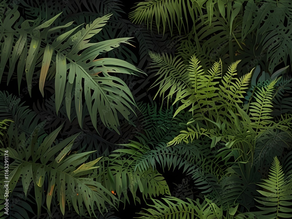 Fototapeta premium Dense Cut-Out Tropical Greenery with Layered Palm Fronds and 3D Shadows