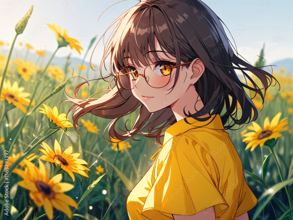 Anime Girl in Yellow Dress Sunflower Field Glasses Summer Anime Girl in Yellow Dress Sunflower Field Glasses Summer