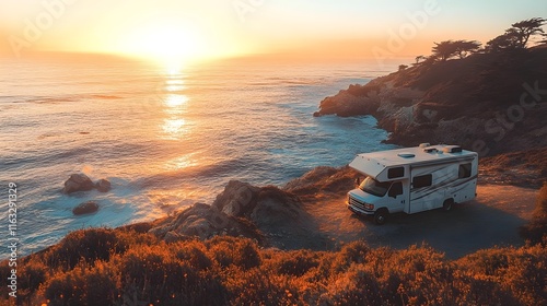 Fototapeta Naklejka Na Ścianę i Meble -  Scenic Coastal Sunset RV Camping, Ocean View