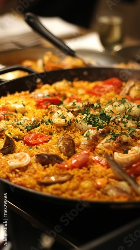 Delicious Seafood Paella Dish in a Pan