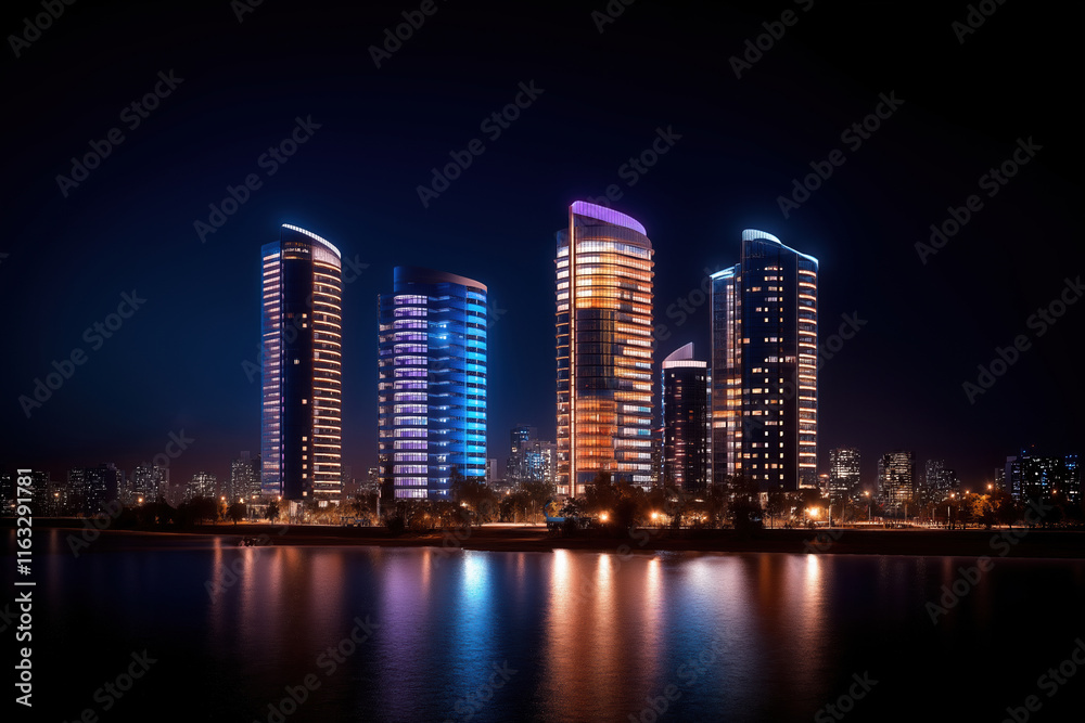 Naklejka premium Modern skyscrapers illuminated at night by the riverside in a bustling cityscape