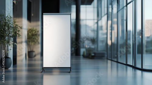 A blank rollup banner stand in a modern office with large windows, metal and glass elements on a dark background, concept of advertising