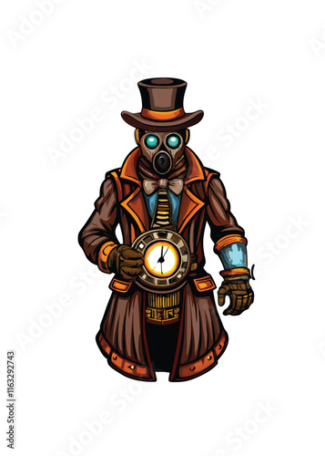 A dashing steampunk time traveler, meticulously detailed,  in Victorian attire with goggles and intricate clockwork mechanisms integrated into their outfit.