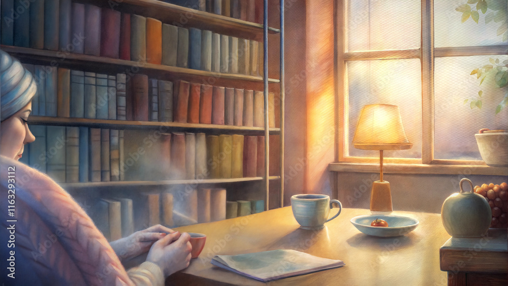 Cozy indoor scene with a woman enjoying tea, surrounded by books and soft light in a warm atmosphere Cozy indoor scene with a woman enjoying tea, surrounded by books and soft light in a warm atmosphere