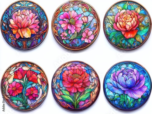 Decorative round glass pieces showcasing flower motifs.