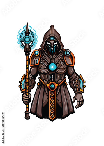 A futuristic tech-priest, adorned in ornate robes, possesses advanced robotic limbs.  Intricate details showcase cybernetic enhancements and religious iconography.