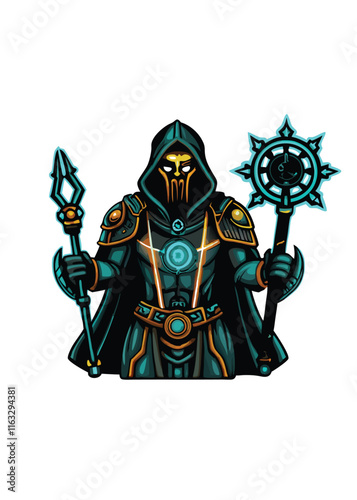 A futuristic priest, a Tech-Priest, with advanced robotic limbs and intricate cybernetic enhancements, standing in a dimly lit, high-tech cathedral.