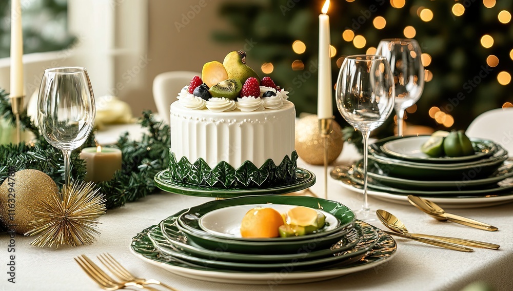Elegant Christmas Table Setting with Festive Cake Elegant Christmas Table Setting with Festive Cake