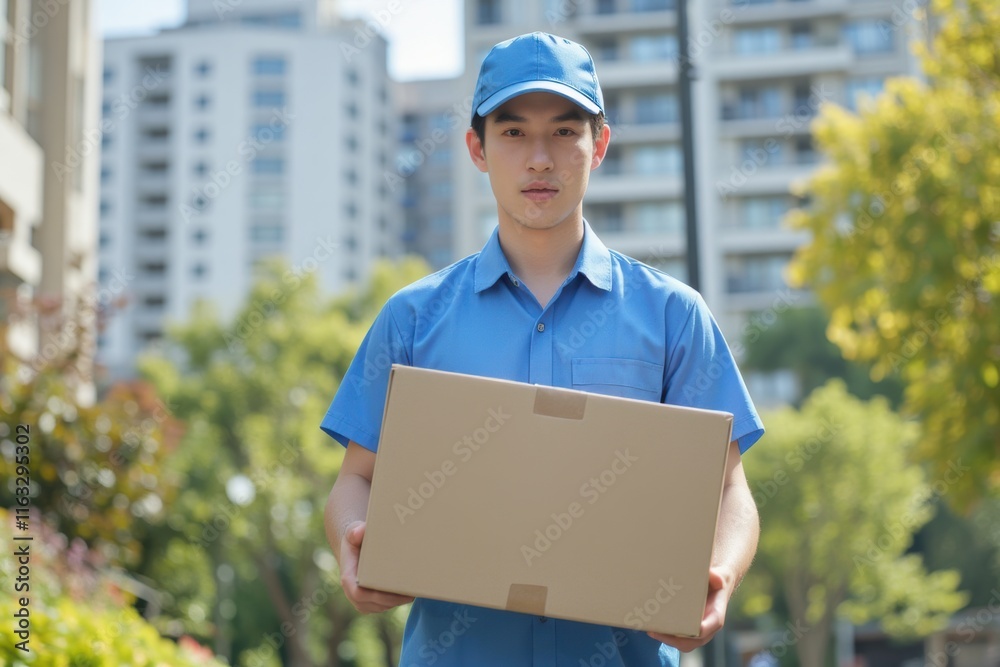 Delivery man wearing blue uniform holding cardboard box outdoors Delivery man wearing blue uniform holding cardboard box outdoors